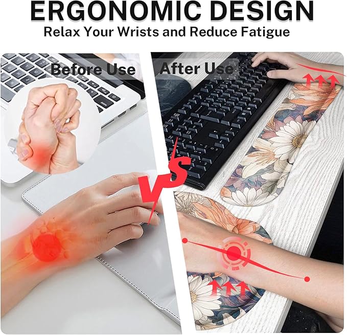 Britimes Boho Aesthetic Flower Keyboard Mouse Pad Set Orange White Florals 4in1 Large Mousepad+Keyboard Wrist Rest+Mouse Wrist Rest+Coaster Ergonomic Design for Home Office Computer 35.4x15.7 inches