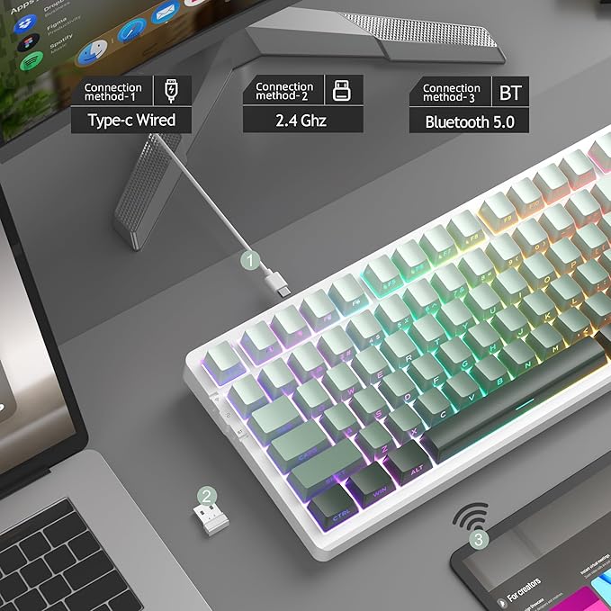 MageGee LIGHT100 Wireless Creamy Keyboard Gasket Structure Hot Swappable 2.4G/USB-C/BT5.0 RGB Backlit Mechanical Gaming Keyboard for Win/Mac/PC 8000mAh Battery Side Printed PBT Keycap Green