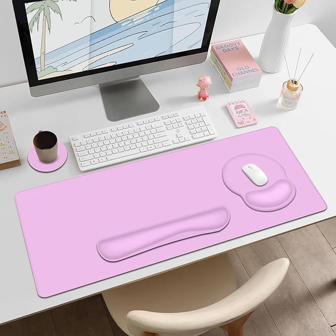 4 PCS Mouse Pad Desk Mat Protector Keyboard Wrist Rest + Comfortable Mouse Pad with Wrist Rest +Coaster Large Gaming Mousepad for Computer Laptop 35.4 X 15.7 XXL Deskpad for Office Home I Lilac