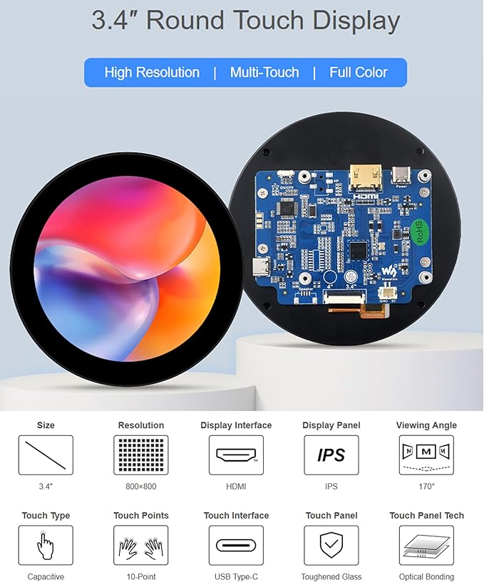 3.4inch HDMI Round TouchScreen for Raspberry Pi 5/4B/3B+/3A+/2B/B+/A+/Zero/Zero W/WH/Zero 2W 800×800 Resolution 10-Point Capacitive Touch IPS DisplayCompatible with Jetson Nano/Mini PCDriver Free