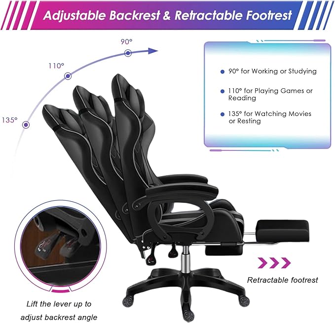 LED Gaming Chair with Speakers Massage Computer Chair Ergonomic Racing Office Chair PU Leather Recliner Swivel Gamer Chair with Lumbar Support Headrest Armrest and FootrestWhite