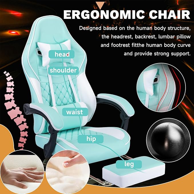 Gaming Chair with Footrest Ergonomic Computer Gaming Chair with Massage Lumbar Support and Pocket Spring Cushion Reclining Adult Gaming Chair for Home Office (Green)
