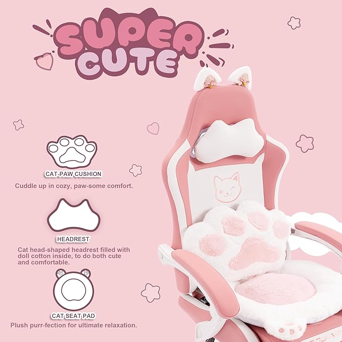 Dowinx Gaming Chair Cute with Cat Ears and Paw Lumbar Ergonomic Computer Chair for Girl with Footrest and Headrest Comfortable Reclining Game Chair 290lbs for Adult Teen Pink