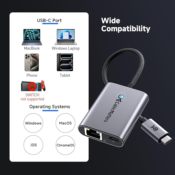 Cable Matters USB C to Ethernet Adapter with 140W Charging Gigabit Ethernet to USB C Adapter Compatible with MacBook Pro Dell XPS Surface Up to 480Mbps for Chromecast with Google TV -2020 &amp L