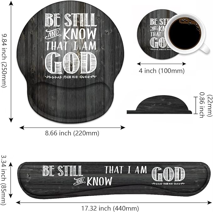 Keyboard Wrist Rest and Mouse Pad Wrist Support Set with Coasters Ergonomic Gaming Mousepad Non-Slip PU Base for Home Office Working Studying Easy Typing &amp Pain Relief - Bible Verse Psalm 46:10