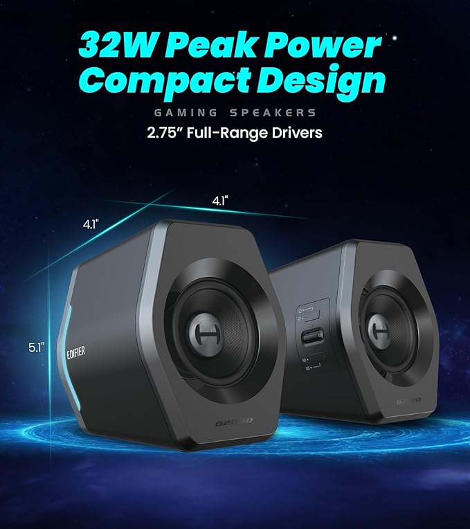 Edifier G2000 RGB Gaming Speakers 32W Peak Power Compact Design for PC/PS4/Desktop Bluetooth 5.1 3.5mm AUX Game/Movie/Music Modes 12 RGB Lighting Effects - Black