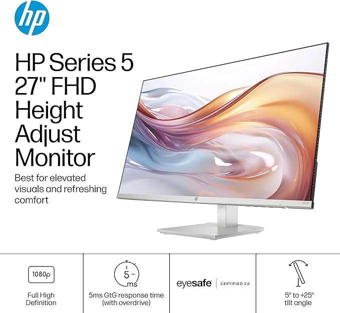 HP 27 Monitor FHD(1920X1080) LED IPS Panel with Adjustable Height Anti-Glare Display 100Hz Refresh Rate 5MS Response Time 2 x HDMI 1.4 1 x VGA Silver with 5ave HDMI Cable