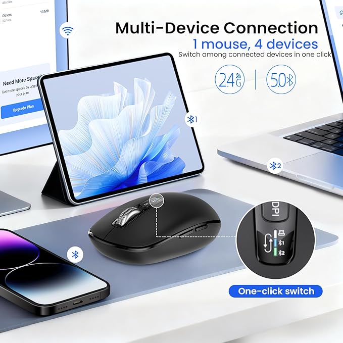 Wireless Bluetooth MouseUSB+BT×2Multi Device Ergo Full Size Mouses-big HandMetal 4-Way Super Scrolling± 3000 DPI10 ButtonsPlug&ampPlayQuietw/ 2 BatteriesMice for LaptopComputerTabletMaci