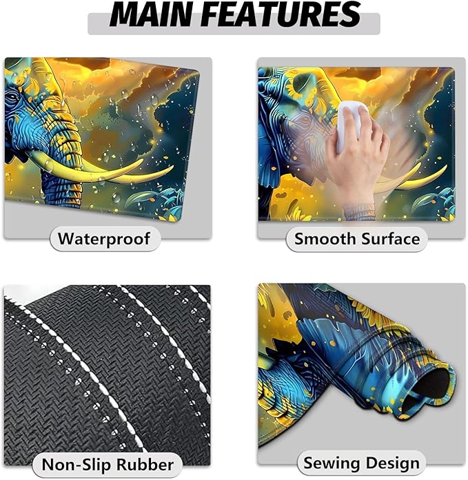 4 in 1 Large Gaming Mousepad Coaster Memory Foam Ergonomic Keyboard Mouse Wrist Rest Non-Slip Rubber Base Stitched Edges Office Desk Mat Protector for Computer Home Office Elephant Sunflower Field