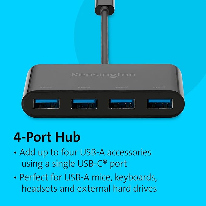 Kensington CH1200 USB-C 10Gbps 4-Port Hub USB Type C to USB Adapter with 4 USB 3.0 Compatible with Thunderbolt 4 Thunderbolt 3 USB4 and USB-C Devices (K33616WW)