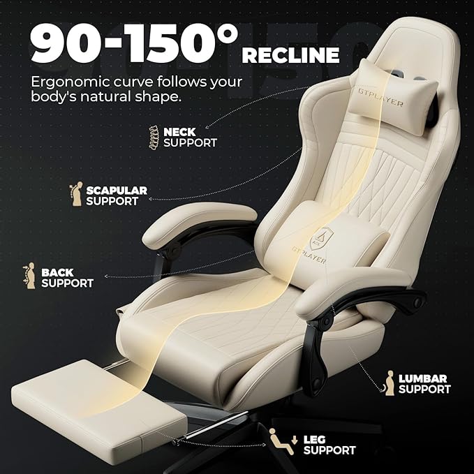 GTPLAYER ACE-PRO Music Gaming Chairs – Built-in Speakers App Support &amp Bluetooth Control Computer Game Chairs with Footrest for Adults Ergonomic Reclining Silla Linkage Armrest Ivory