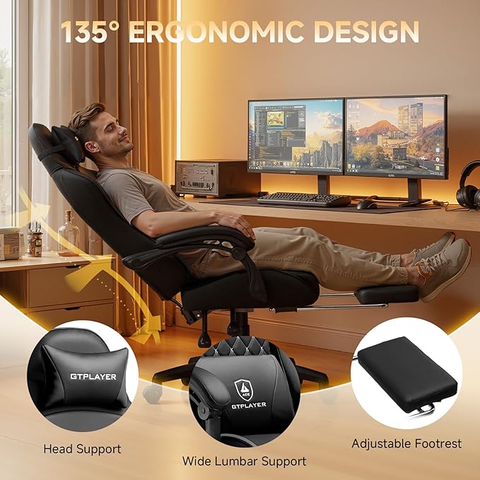 GTPLAYER Gaming Chair High Back Leather Computer Game Chair with Footrest Ergonomic Height Adjustable Office Chair with Removable Cover and Lumbar Support for Gaming and Work (Black)