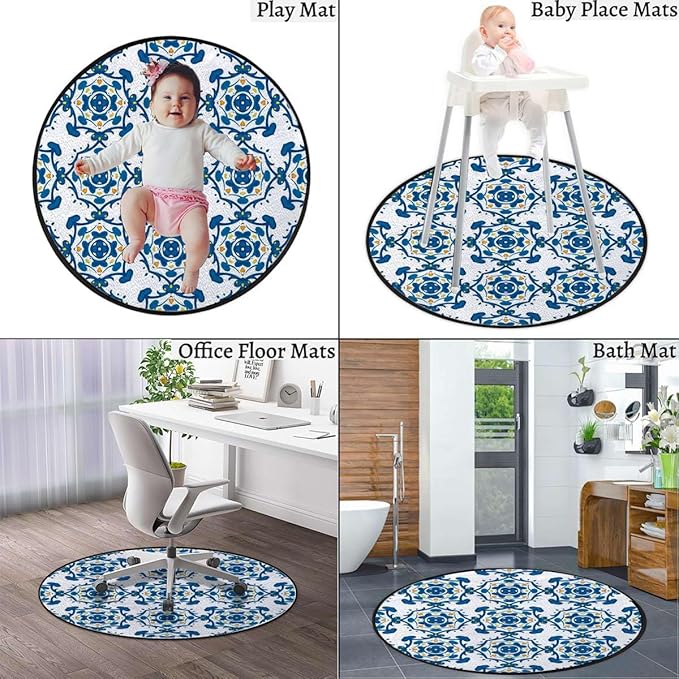 Blue Orange Yellow Gaming Chair Mat Round Floor Mats for Office Chair Computer Gaming Desk Mat for Rolling Chair Non-Slip Gaming Rug Abstract Floral Swirl Motifs Diameter 55 in
