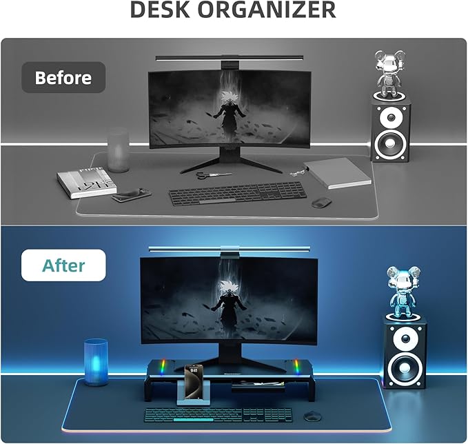Heymaster Monitor Stand for Desk Gaming Monitor Riser with RGB Light Foldable Computer Monitor Stand Riser Desk Organizers and Accessories for Desktop Printer (Black)