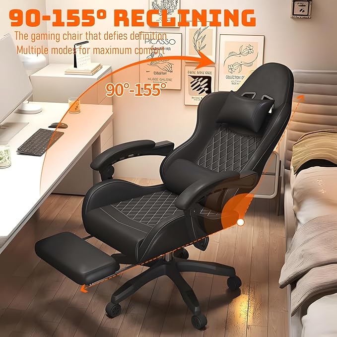 Gaming Chair with Footrest for AdultsErgonomic Computer Chair High Back Reclining Game Chair Pu Leather 350LBSHeight Adjustable Swivel Gamer Chair for GamingBeige