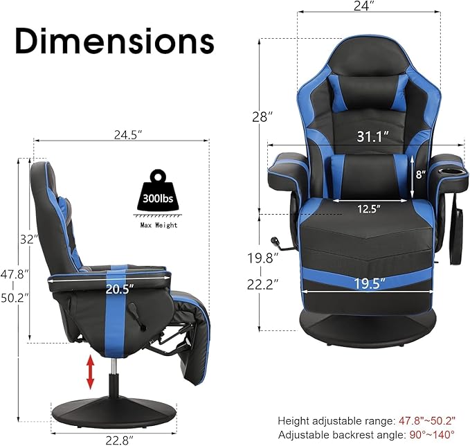 LVUYOYO Reclining Gaming Chair Massage Gaming Chairs for Adults High Back PU Leather Game Recliner w/Adjustable Height Swivel Game Chair with Lumbar Support Cup Holder Headrest