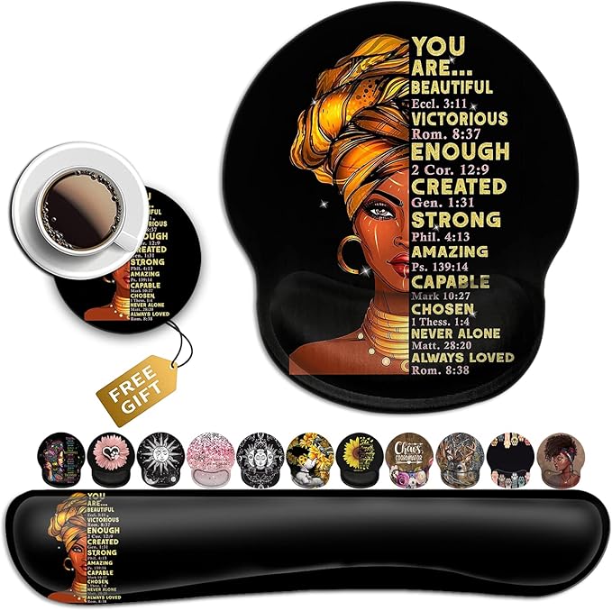 Black Mouse Pad with Stitched Edge Non-Slip Rubber Base Office Accessories Desk Decor for Computers Mouse Pad and Keyboard Wrist Guard SetAfrican American Wall Art Black Woman Queen Pattern