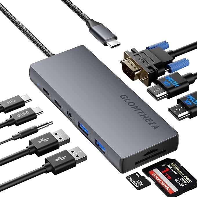 Laptop Docking Station10-in-1 USB C Hub 4K Dual HDMI Monitors Adapter Powered Hub with 100W PD VGA 2xUSB-A 3.0 USB-C Data Port SD/TF Reader 3.5mm Audio USB Hub for MacBook Pro XPS