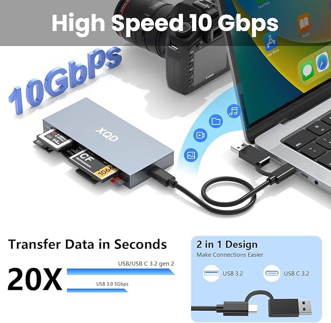 10Gbps XQD Card Reader 8 in 1 Multi-Card Reader USB C for Sony G/M Series Lexar 2933x/1400x USB Mark XQD Card/CF/XD/MS/TF/SD Memory Card Reader/Writer/Hub USB 3.2 for Windows/Linux/Mac OS/Android