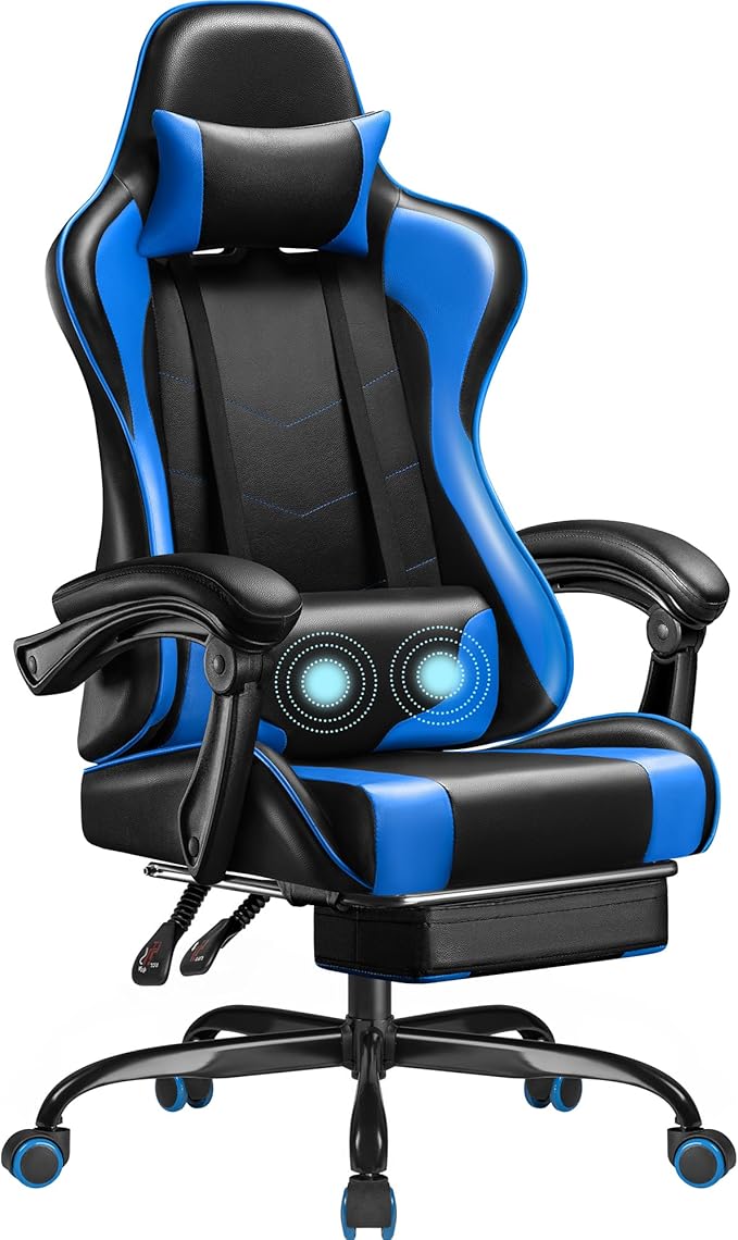 Homall Gaming Chair Video Game Chair with Footrest and Massage Lumbar Support Ergonomic Computer Chair Height Adjustable with Swivel Seat and Headrest (Blue)