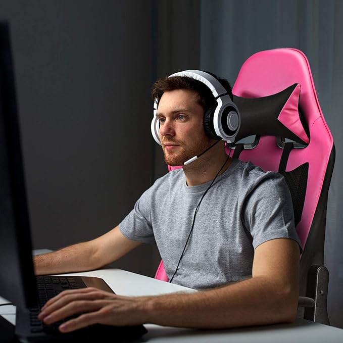 Giantex Massage Gaming Chair Pink Ergonomic Video Game Chair with Footrest High Back E-Sport Computer Chair with Headrest &amp Massager Lumbar Support PU Leather Gaming Seat