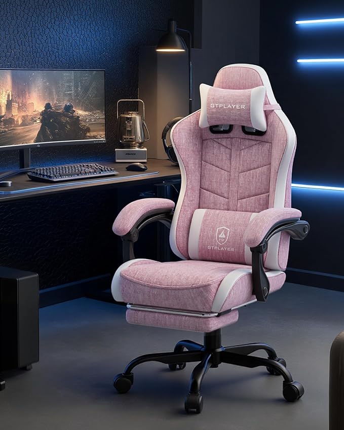 GTPLAYER Gaming Chair with Footrest Computer Gaming Chair for Adults and Kids Height Adjustable Gamer Chair with 90-155° Recline &amp Removable Headrest Lumbar SupportLinen Fabric Pink