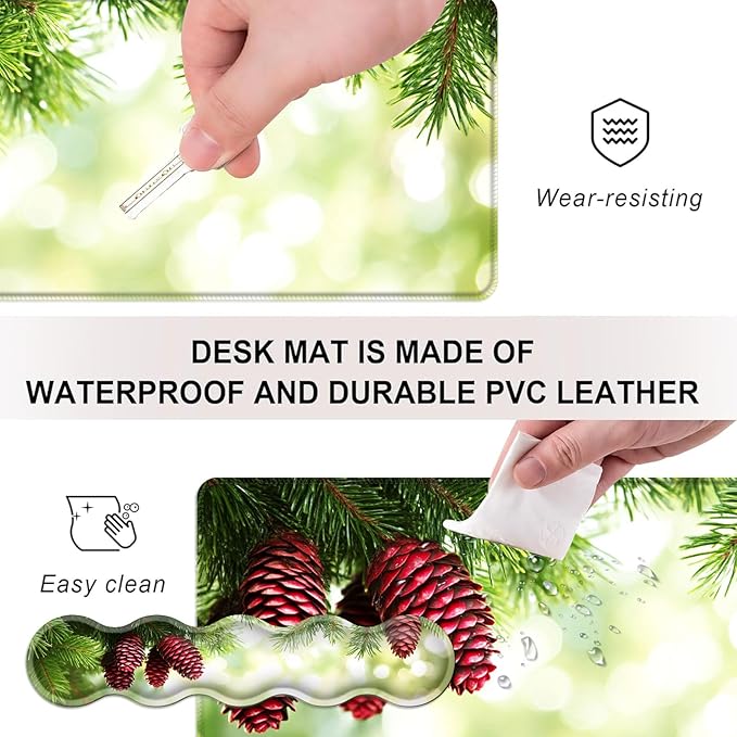 Mouse PadLarge Desk Mat Set 4in1 XL Mousepad + Keyboard Wrist Rest+Mouse Wrist Rest+Coaster with Ergonomic Desk Pad for Home Office Table Computer Cover -Pine Cones on Green Branches