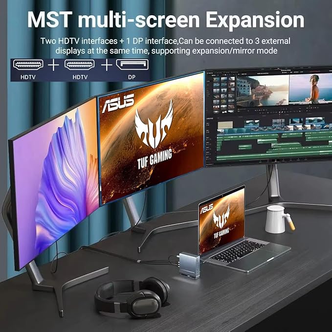 Docking Station for Asus TUF Gaming A17 A18 A15 A16 A14 F15 F16 F17 Dash 15 F15 Gaming Laptop15-in-1 USB C with 360 ° Rotating Base 2*4K HDMI and 1*DP 10Gbps USB Port Transfer RJ45 Audio SD/TF