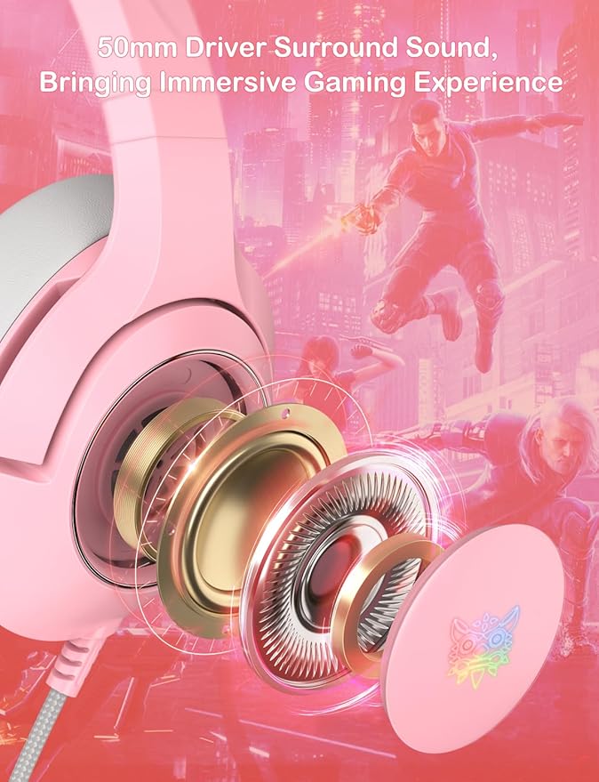 Cat Ear Gaming Cute Headset Wired Over-Ear Headphones with Retractable Microphone Surround Sound LED Backlight for PS4 PS5 PC Mobile Phone (Light Pink)