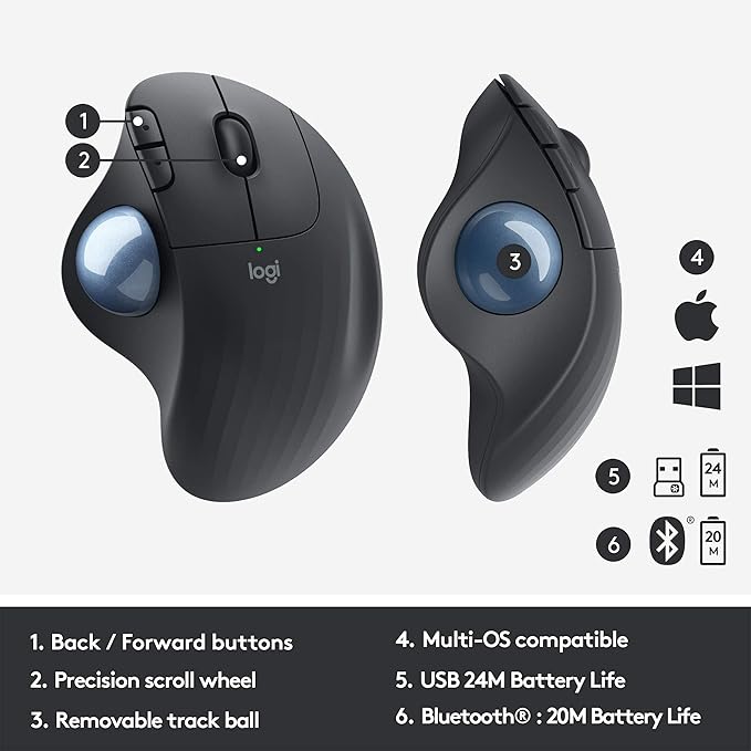 Logitech Ergo M575 Wireless Trackball Mouse Easy Thumb Control Precision and Smooth Tracking Ergonomic Comfort Design Windows/Mac Bluetooth USB - Graphite (Renewed)