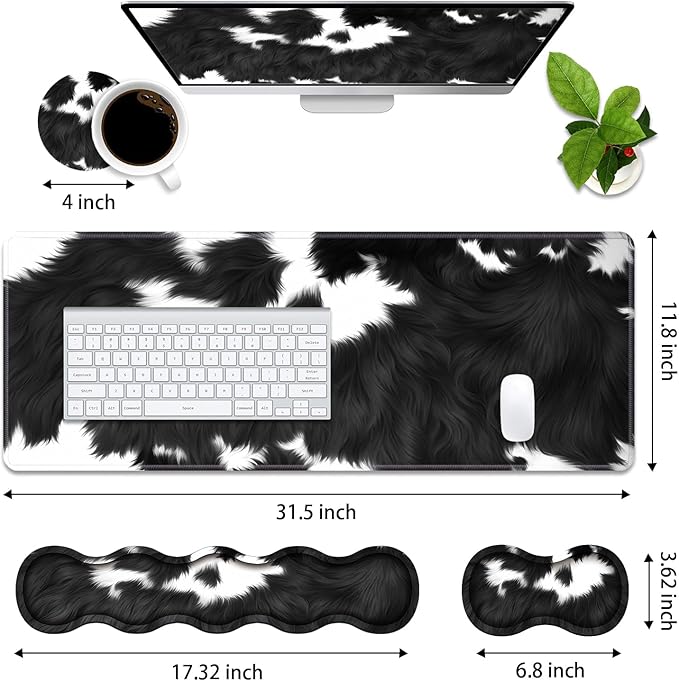 4 in 1 Ergonomic Memory Foam Mouse Pad Wrist Rest Set Large XXL Gaming Desk Pad + Keyboard Wrist Rest + Mouse Wrist Cushion + Coaster for Home Office Study Gaming Black and White Cow Print