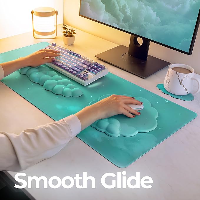Premium Quality Cloud Wrist Rest Keyboard &amp Mouse Pad Set – Ergonomic Memory Foam Desk Accessories with Wrist Support &amp Cloud Coaster Wrist Rest for Office &amp Gaming- Mint