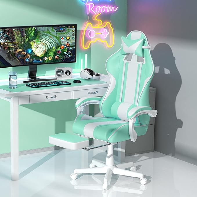 Ferghana Gaming Chairs Ergonomic Racing Style PC Game Computer Chair with Headrest Lumbar Support Adjustable Recliner PU Leather Video Computer Chair(Light Green)