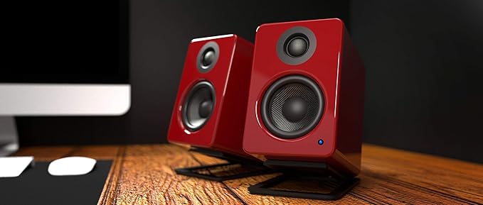Kanto YU2GR PC Gaming Desktop Speakers | 3 Composite Drivers | 3/4 Silk Dome Tweeter | Class D Amplifier | 100 Watts | Built-in USB DAC | Subwoofer Output | Pair | Gloss Red