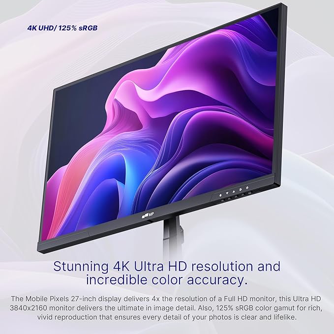 MP Mobile Pixels 27-inch 4K UHD (3840 x 2160) Monitor 60Hz 1000000:1 Dynamic Contrast Ratio 125% sRGB Desktop &amp VESA Wall mounting Tlt Adjustable Stand 2X HDMI 2X DP 1.4 1 × Audio Out