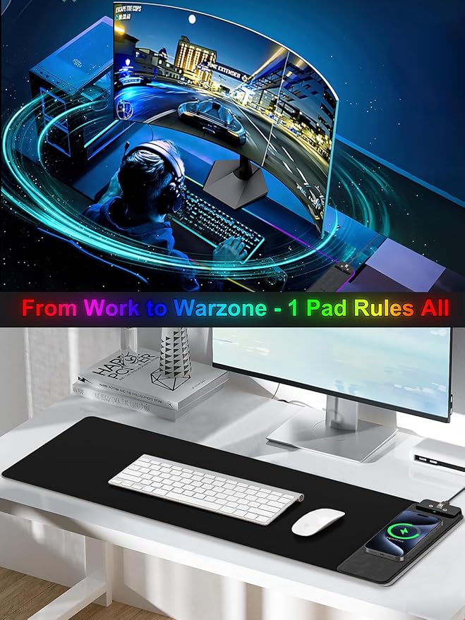 Mouse Pad with Wireless Charging Large Desk Mat RGB Gaming Mousepad 10 Light Colors LED Gaming Pad Keyboard Pad with Ultra-Smooth Surface &amp Non-Slip Rubber Base Waterproof Full Desk Mouse Pad