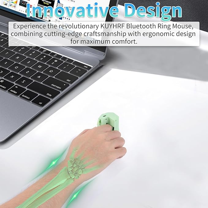 Bluetooth Mini Ring Mouse - Ergonomic Wireless Finger Mouse for Laptops Tablets &amp Presentations - Portable Easy to Use Long Battery Life (Green)