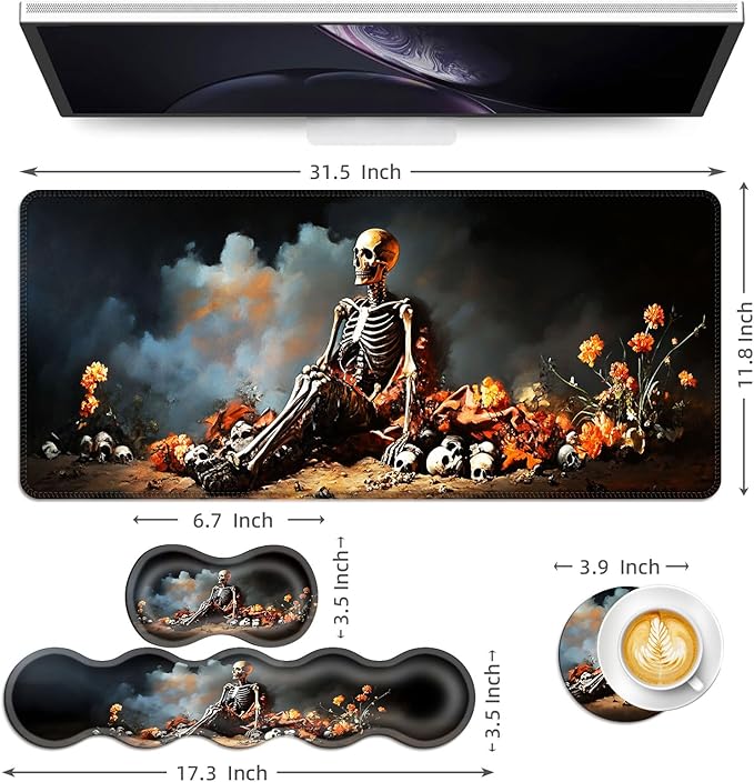 Keyboard Mouse Pad Set Extended Gaming Mouse Pad+Ergonomics Keyboard Wrist Rest Support Memory Foam Easy Typing Pain Relief 4Pcs XL Ultra Thick Desk MatSkeleton with Orange Flowers