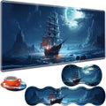 Large Gaming Table Pad 31.5 x 11.8 + Keyboard Wrist Pad + Mouse Wrist Pad + Coaster Non-Slip Base 4-in-1 Set Ergonomic Memory Foam Easy Typing Pain Relief Moon Ship Blue Sea