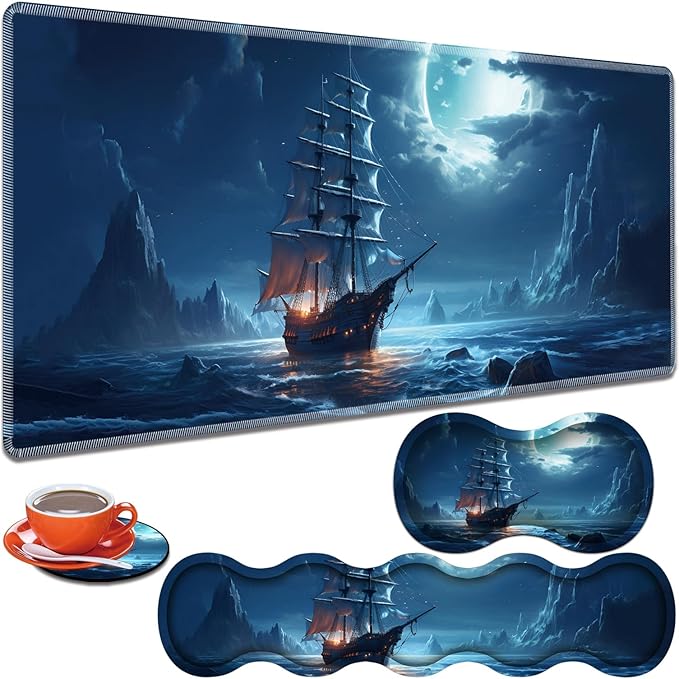 Large Gaming Table Pad 31.5 x 11.8 + Keyboard Wrist Pad + Mouse Wrist Pad + Coaster Non-Slip Base 4-in-1 Set Ergonomic Memory Foam Easy Typing Pain Relief Moon Ship Blue Sea