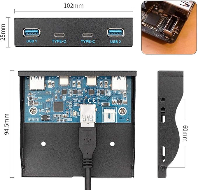 Cablecc USB 3.1 Front Panel Header to USB-C &amp USB 3.0 HUB 4 Ports Front Panel Motherboard Cable for 3.5 Floppy Bay