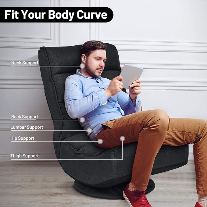 Rainfally 360-Degree Swivel Floor Sofa Chair Folding Gaming Chair w/ 5-Position Adjustable Backrest &amp Comfortable Sponge Padded Lazy Sofa Lounge Chair for Reading TV Watching or Gaming (Black)