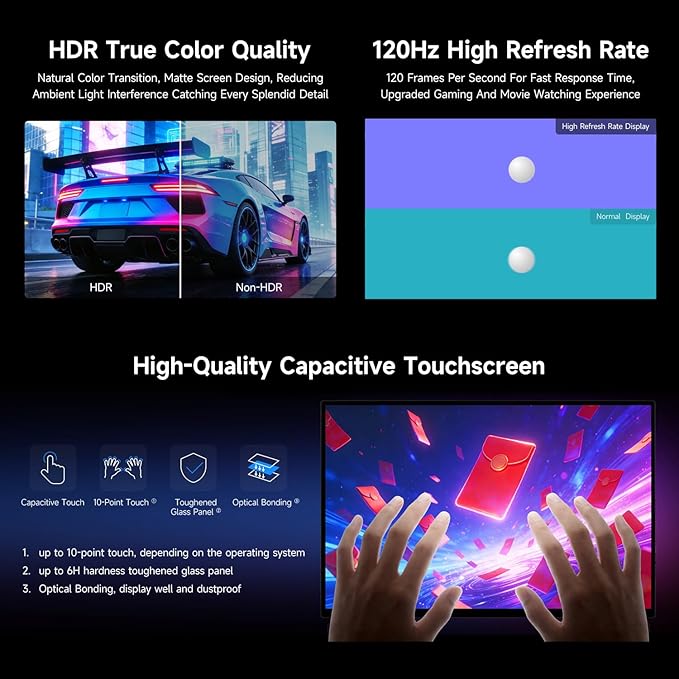 waveshare Luckfox 16inch 4K Portable Touch Monitor with Magnetic Protective Case 3840 × 2400 Resolution HDR 120Hz Refresh Rate IPS Panel Optical Bonding 10-Point Touch