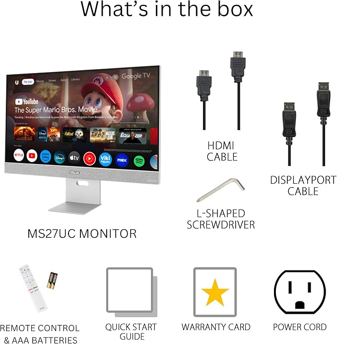 ASUS ZenScreen 27” 4K USB-C Smart Monitor (MS27UC) - UHD (3840 x 2160) IPS 99% sRGB GoogleTV Harman Kardon Speakers USB-C 90W PD USB Hub Wireless Display Netflix and YouTube 3 yr Warranty