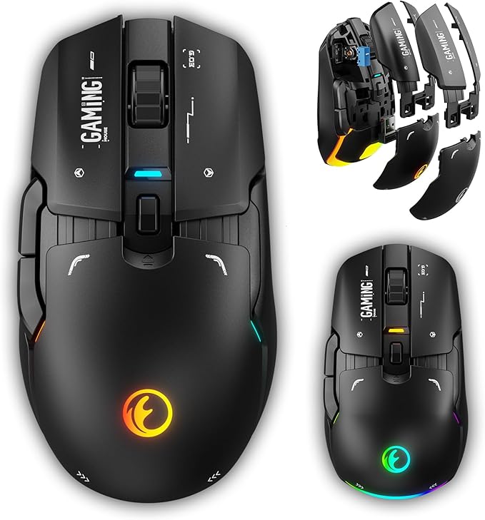 G03 RGB Wireless Rechargeable Gaming Mouse 2.4G/Wired Dual Mode Game MicePAW3395 Sensor 26K DPI Replaceable L/R Switches Swappable Top Case 80g Lightweight 6 Programmable Buttons - Black