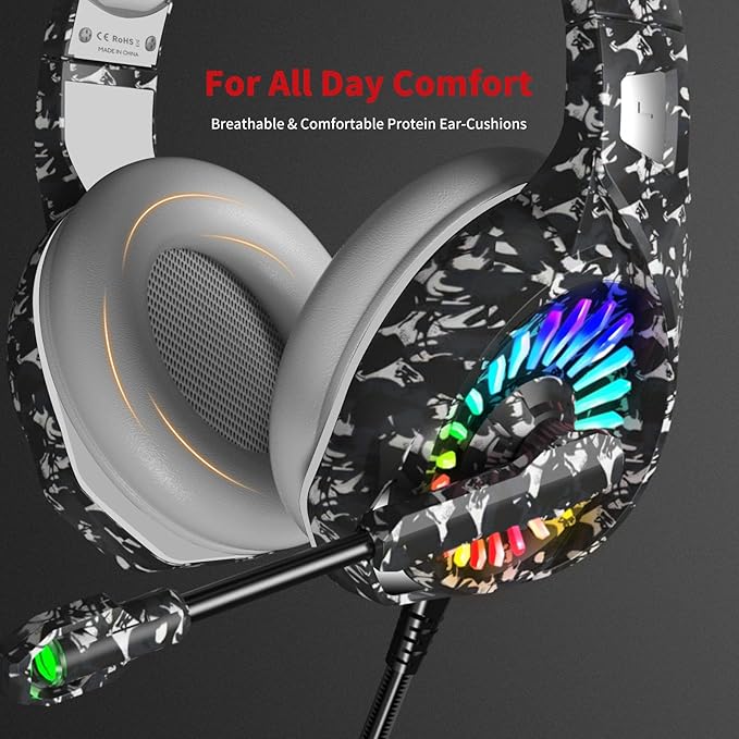ZIUMIER Camo Gaming Headset for PS4 PS5 Xbox One PC Laptop Mac Switch 3.5MM Wired Gaming Headphones with Microphone Bass Surround LED Light Camouflage