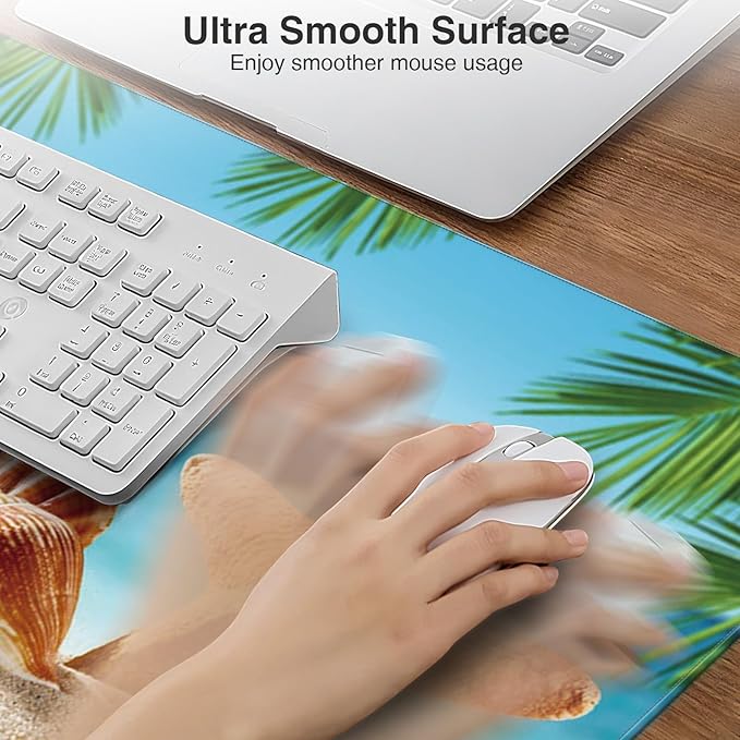 Wireless Charging Mouse Pad 31.5x15.8 Large Gaming Desk Mat for Keyboard/Laptop Waterproof Ultra-Smooth Surface Non-Slip Base with 20W PD Adapter Summer Beach