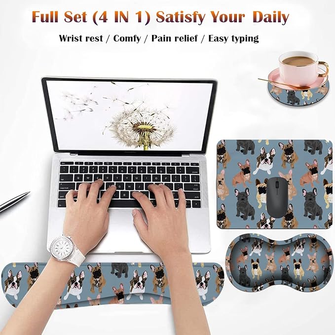 Keyboard Wrist Rest Pad + Square Mouse Pad + Wrist Rest Support Pad + Coaster Ergonomic Memory Wrist Rest Support 4-Piece Combo Set for Gaming and Office French Bulldogs