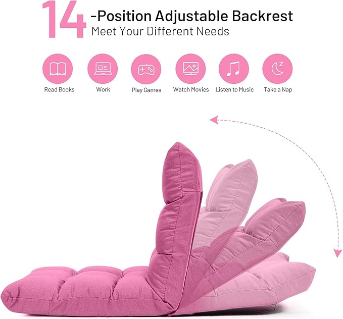 GORELAX Floor Chair with Back Support 14-Poistion Adjustable Folding Gaming Chair Recliner Meditation Chair with Steel Frame Padded Lazy Sofa Chair for Adults Kids (Pink)