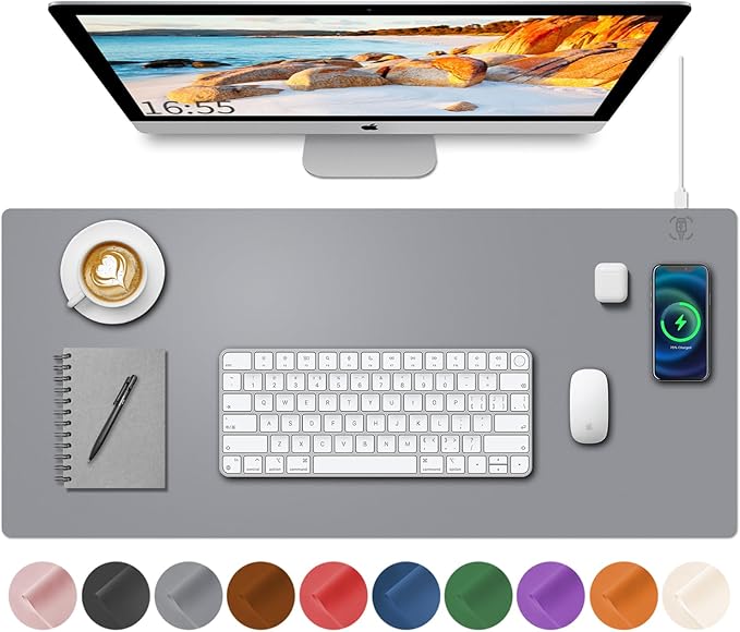 Desk Mat with Wireless Charging Grey Mouse Pad with Wireless Charger Desk Pad Matt for Desktop Mousepad Gaming Large Mouse Pad Leather Compute for Keyboard and Mouse 32 x 16